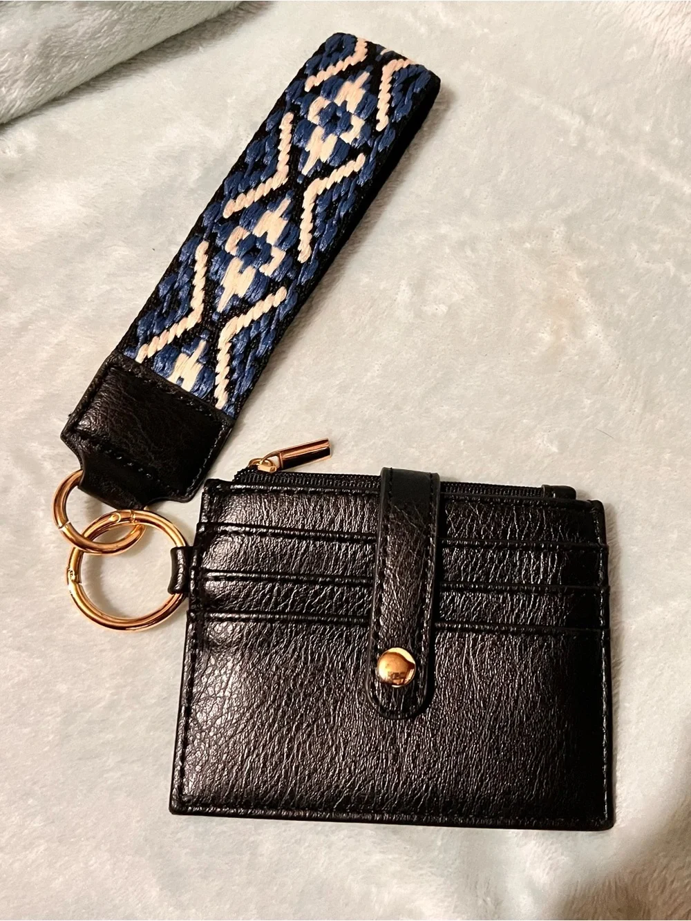 Black Faux Leather Card Holder Wristlet with Blue Woven Strap